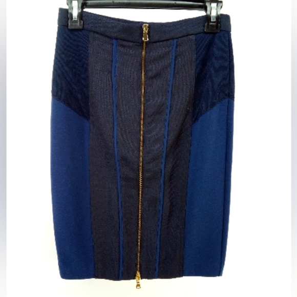 Club Monaco Double Gold Zipper Pencil Bodycon Black Blue Skirt Wool Blend 2 - Picture 1 of 8